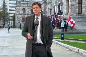 B.C. Premier David Eby speaks outside of the B.C. legislature Thursday, Nov. 27, 2025 following Prime Minister Mark Carney and Alberta Premier Danielle Smith signing a memorandum of understanding earlier in the day to prioritize new pipeline to B.C.&rsquo;s coast. (Mark Page/Black Press Media)