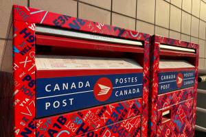 Canada Post mailbox in New Westminster on Sept. 2, 2025. (Lauren Collins/Black Press Media)