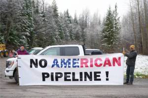 A group of representatives of the Gitxsan, Gitanyow, and Wet’suwet’en Nations, and the Kispiox Valley Community Association responded to Prime Minister Mark Carney’s announcement of six new fast-tracked industrial projects outside the BC Hydro Skeena Substation near Terrace. (Jake Wray/Black Press Media)