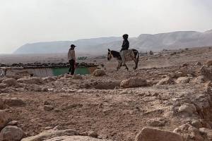 An international visitor serving as unarmed civilian protection for Palestinians in West Bank speaks with a local shepherd in Ras Al Auja. A Nelson woman was allegedly assaulted by Israeli settlers on Nov. 30 in the nearby village of Duyuk. (Photo courtesy Unarmed Civilian Protection in Palestine)