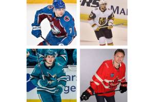 Abbotsford&rsquo;s Devon Toews (top left), Aldergrove&rsquo;s Shea Theodore (top right), Vancouver&rsquo;s Macklin Celebrini (bottom left) and West Vancouver&rsquo;s Sam Reinhart (bottom left) have all been named to the Canadian men&rsquo;s hockey team for the 2026 Olympics.