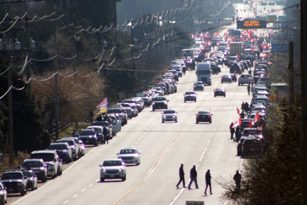The &ldquo;3rd Lower Mainland Freedom Convoy&rdquo; arrived in South Surrey Feb. 12, 2022 after starting in Chilliwack earlier in the morning. It coincided with the Freedom Convoy that converged on Ottawa in late January 2022 that led to the government invoking the Emergencies Act. (Lauren Collins/Black Press Media)