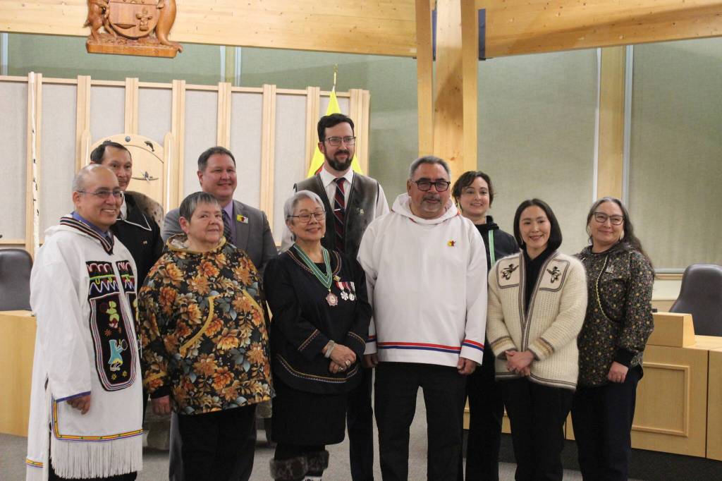 At the Nunavut Legislative Assembly&rsquo;s swearing-in ceremony on Nov. 20, from left, Craig Simailak, MLA for Baker Lake; Brian Koonoo, MLA for Tununiq; Annie Tattuinee, MLA for Rankin Inlet South; George Hickes, MLA for Iqaluit-Tasiluk; Nunavut Commissioner Eva Qamaniq Aariak; Premier John Main; David Akeeagok, MLA for Iqaluit-Niaqunnguu; Gwen Healey Akearok, MLA for Iqaluit-Manirajak; Cecile Nelvana Lyall, MLA for Netsilik; and Janet Brewster, MLA for Iqaluit-Sinaa. William Koblensky Varela/NNSL photo