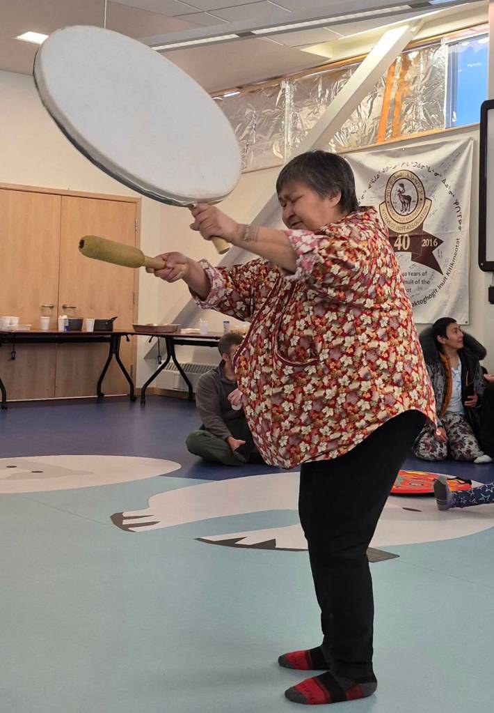 Singing pihiit, the songs of our ancestors. Here is Doris Pudjuktok Angohiatok at the Kitikmeot Inuit Association&rsquo;s Return of the Sun celebrations on Saturday, Feb. 7. Navalik Tologanak/NNSL photo
